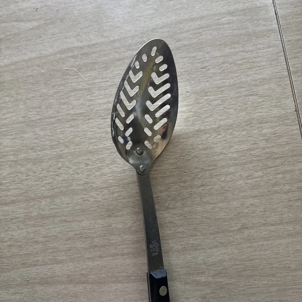 EKCO Flint Arrowhead Stainless Vanadium Slotted Serving Spoon Black Handle USA